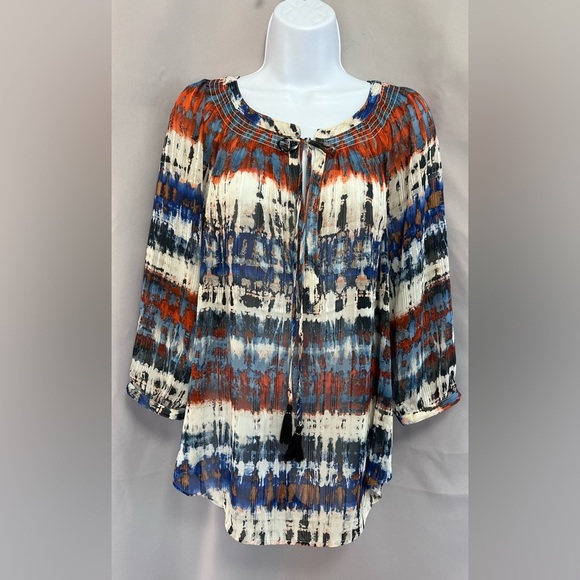 Daniel Rainn Large Blouse Multicolor Teal 3/4 Sleeve Button Scoop Neck Tunic‎ - Picture 1 of 11